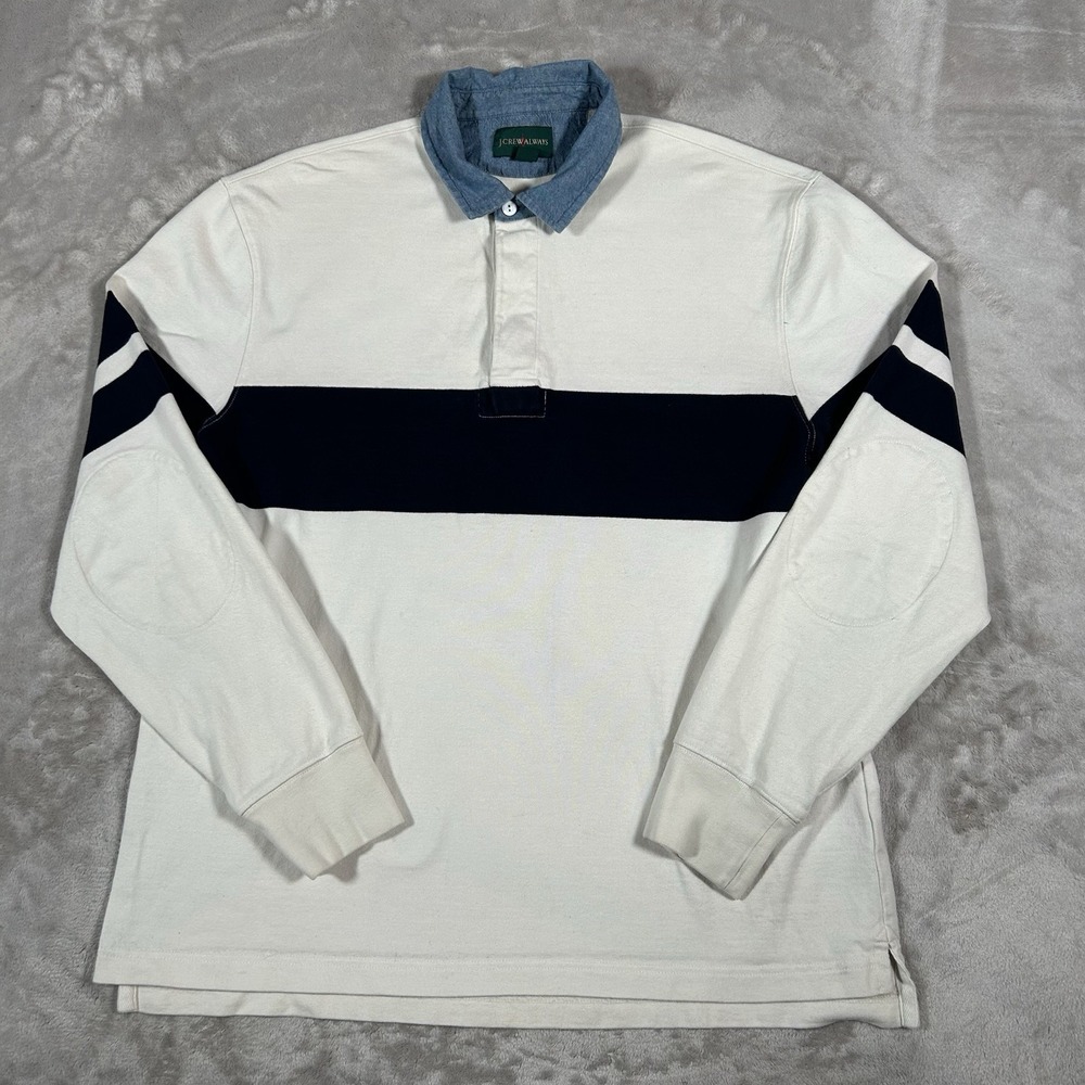 J.Crew Oarsman Rugby Polo Shirt Mens Large White Stripe Denim Collar Elbow Patch